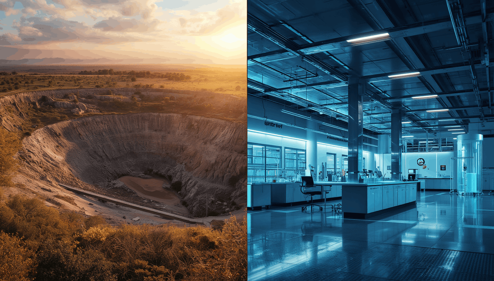 A conceptual split-screen photograph showing two contrasting environments side-by-side. The left side captures a massive, deep open-pit diamond mine carved into an earth landscape under warm golden hour sunlight. The right side shows a sterile, highly advanced laboratory with modern equipment and cool, blue-toned artificial lighting, representing a lab-grown diamond production facility.