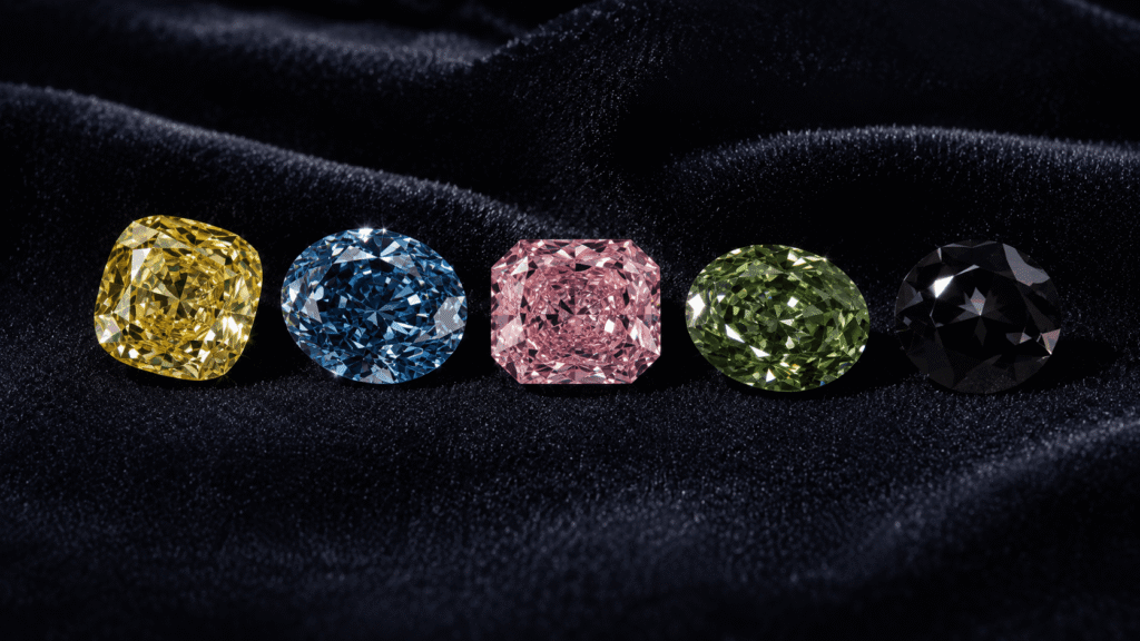 Five loose fancy colored lab grown diamonds in vivid yellow blue pink green and black arranged on dark velvet representing colored lab grown diamonds available at wholesale