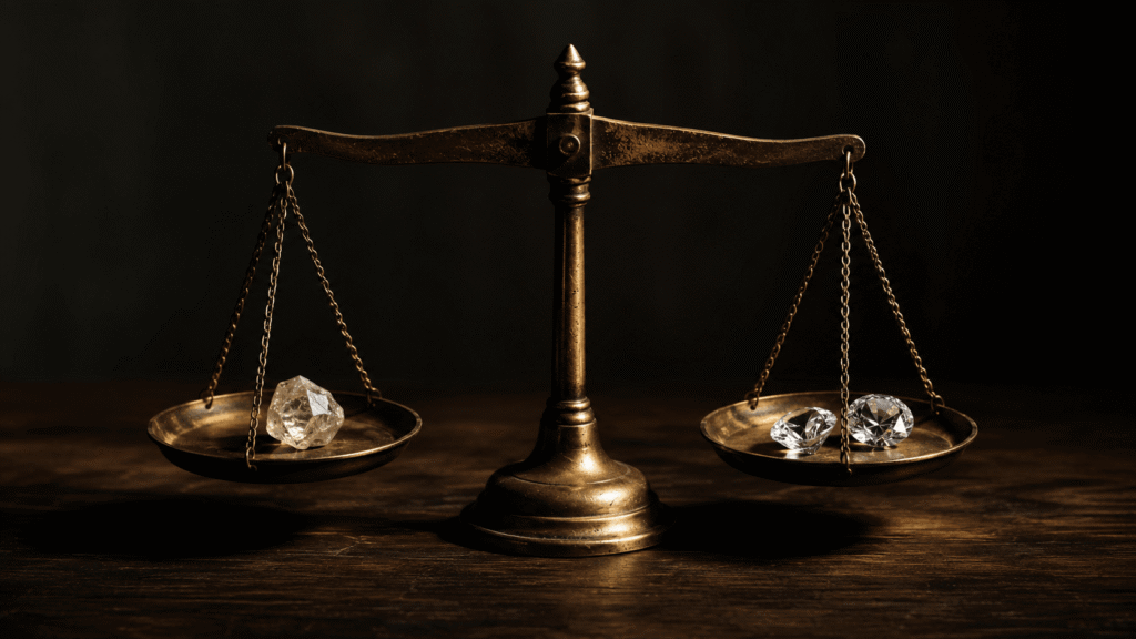 A balance scale weighing diamonds representing the price trade-off when buyers switch to wholesale lab created diamonds