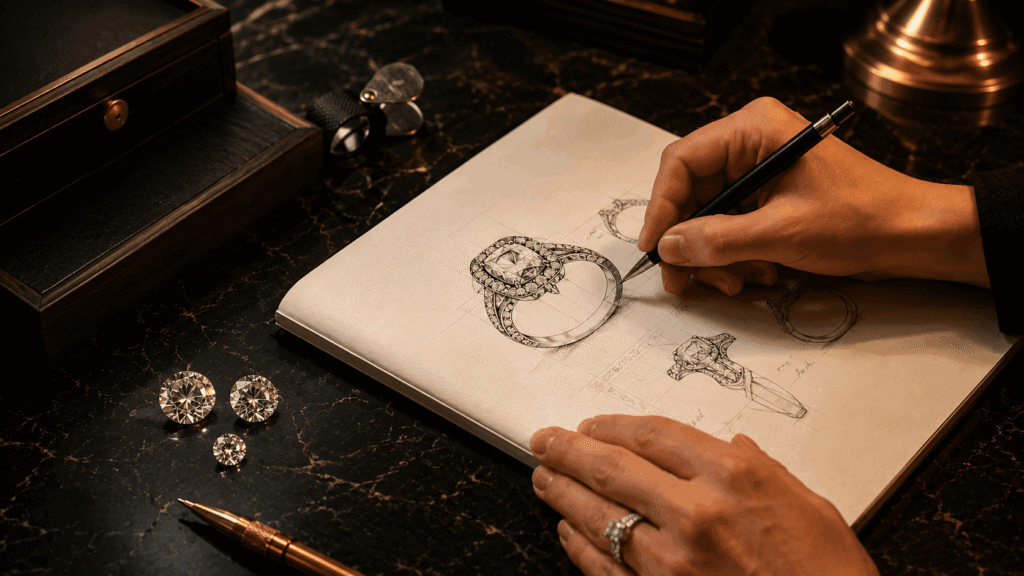 A jewellery designer sketching a bespoke ring design with loose lab created diamonds placed beside the sketchbook on a dark marble surface