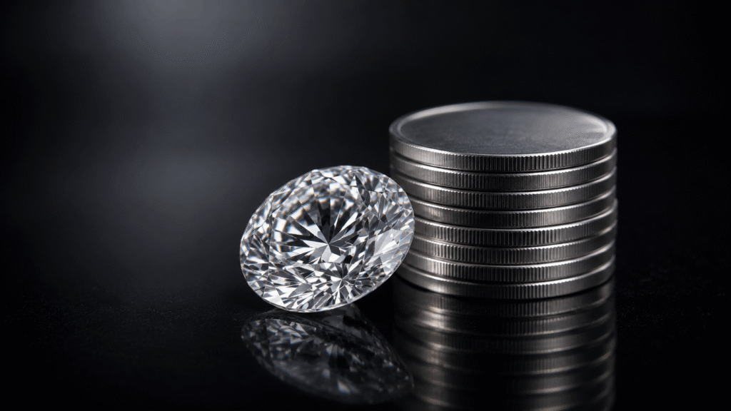 A loose lab created diamond resting beside stacked coins on a dark surface representing the cost advantage of wholesale lab created diamonds for jewellery studios