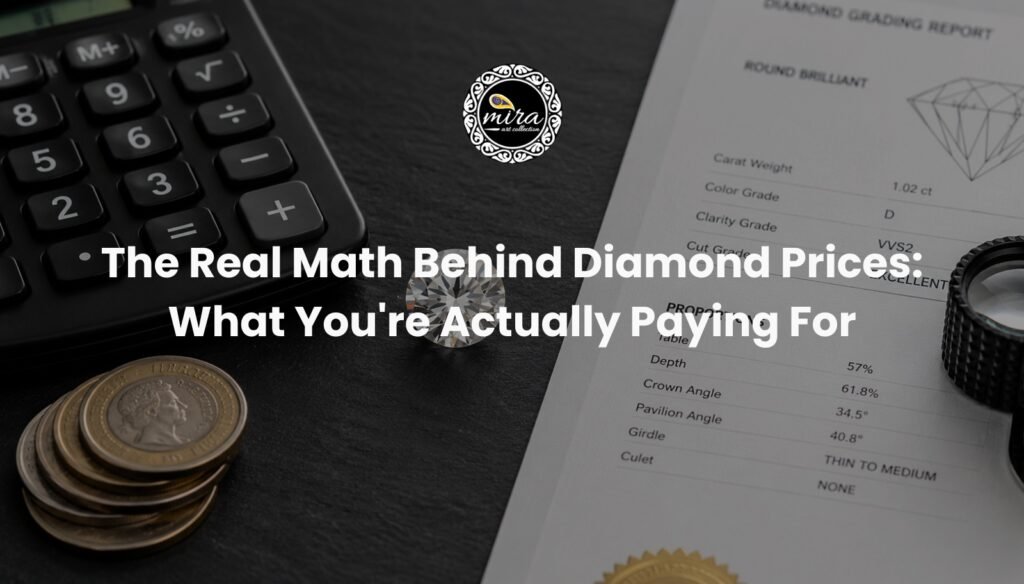 Diamond next to a calculator and certification report representing the real math behind diamond markup