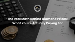 Diamond next to a calculator and certification report representing the real math behind diamond markup