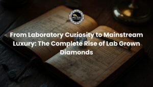 A brilliant cut diamond resting on an open vintage scientific journal representing the history of lab grown diamonds from early experiments to mainstream luxury in 2026