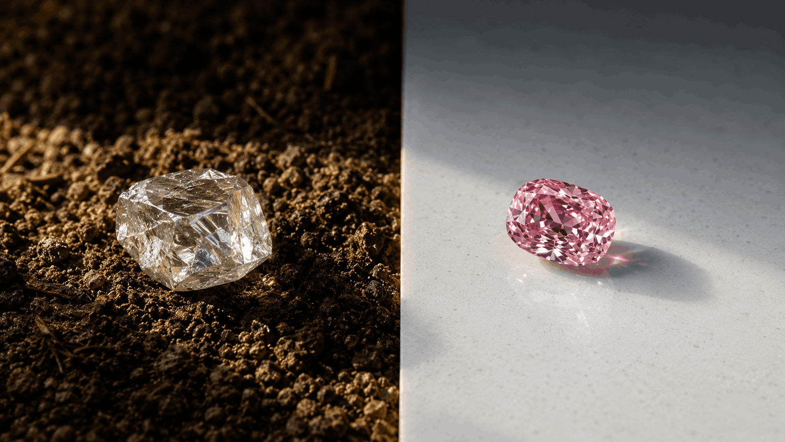 Split image of rough natural diamond earth versus polished coloured lab-grown diamond representing the origin difference