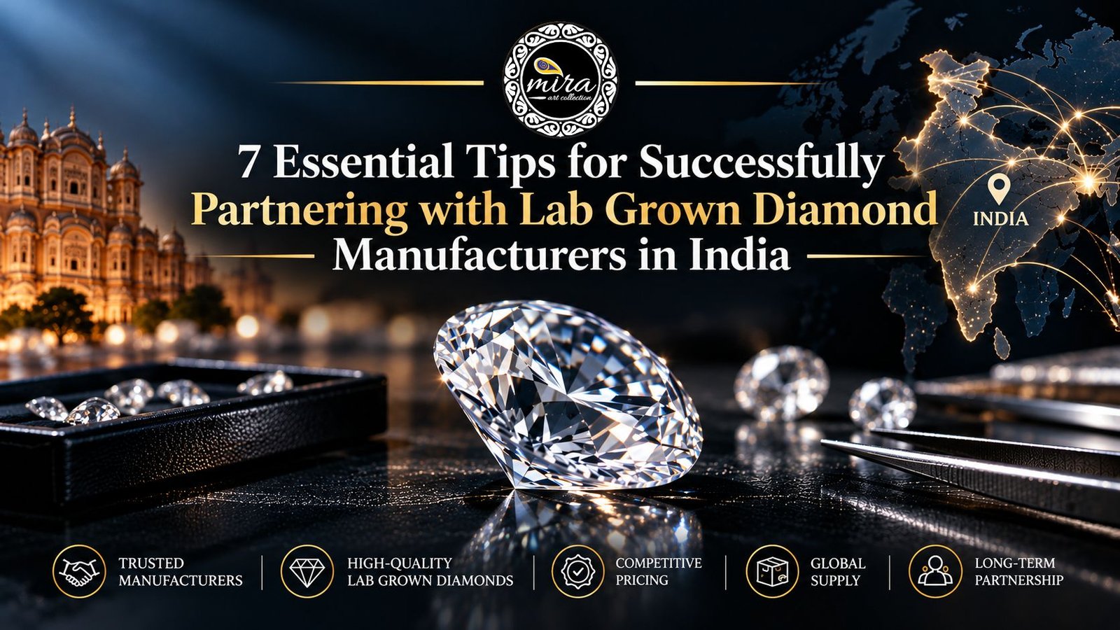 A sparkling lab-grown diamond on a reflective surface, with a Jaipur palace, a global trade map highlighting India, and partnership icons, illustrating seven tips for working with lab-grown diamond manufacturers in India by Mira Art Collection.