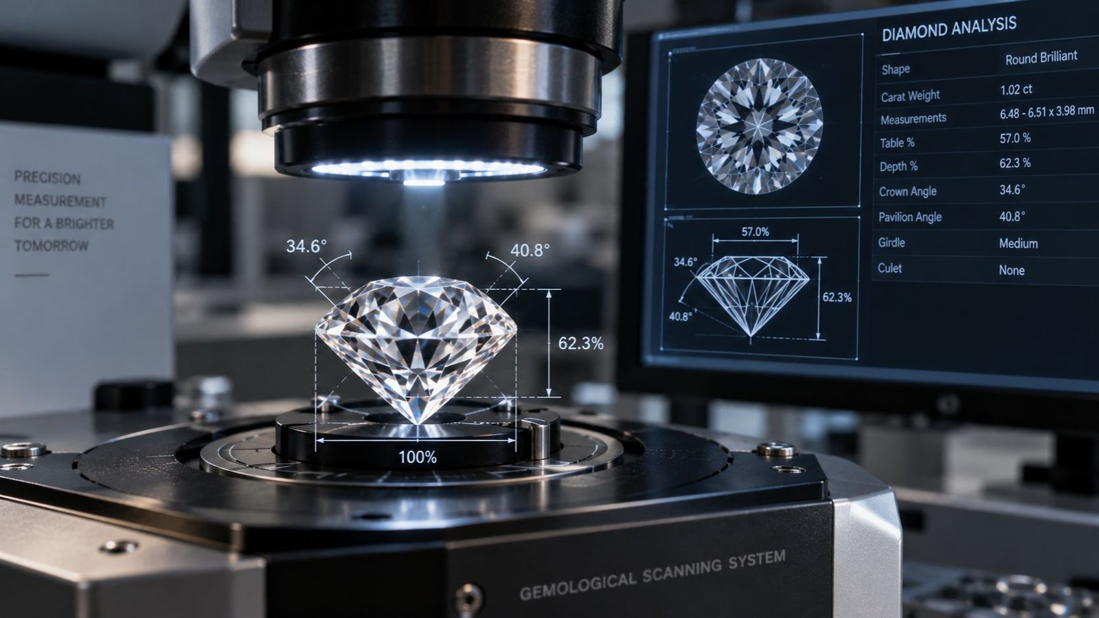 AI diamond grading scanner measuring cut proportions and symmetry
