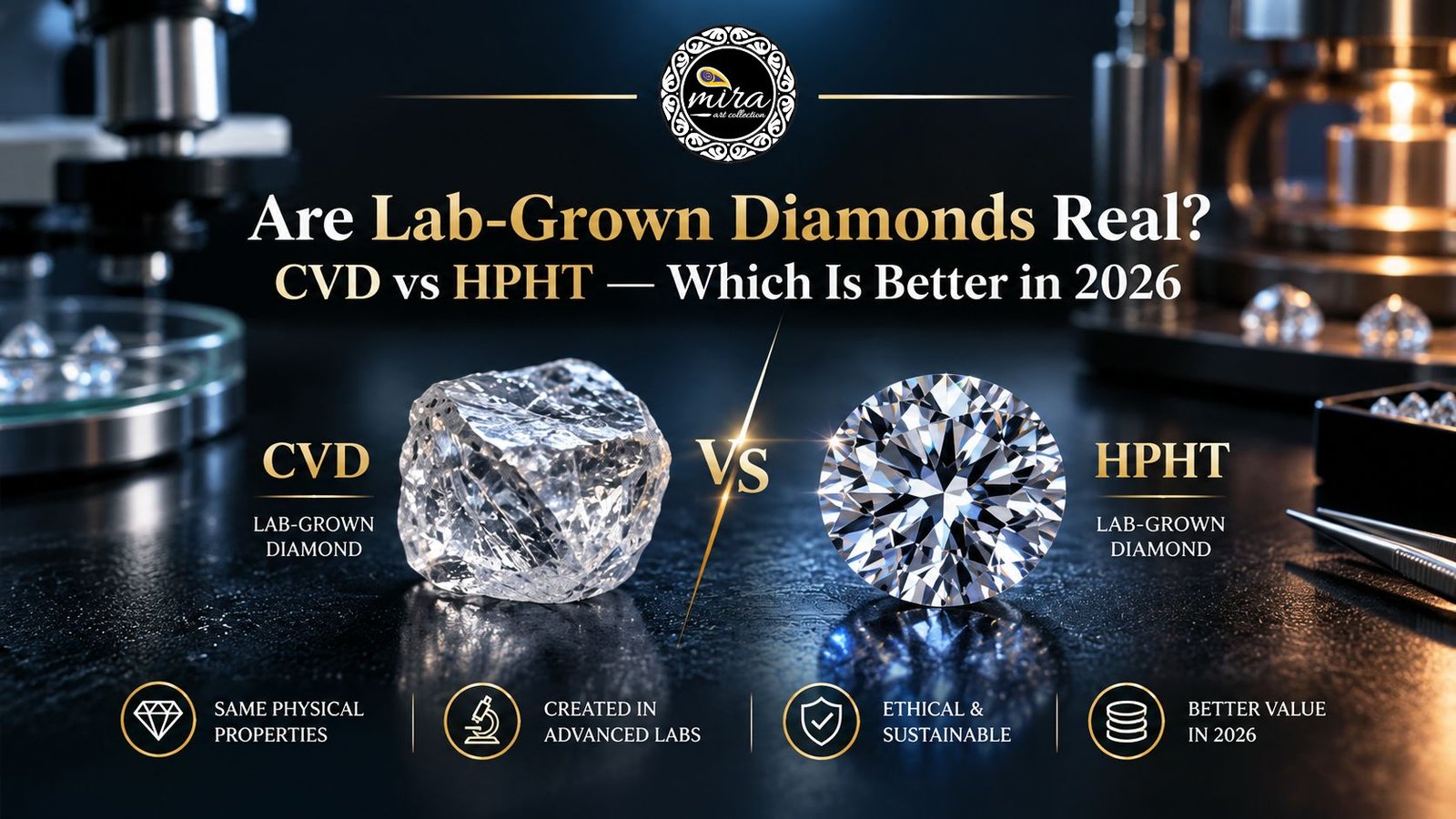 Raw CVD lab-grown diamond compared with a polished HPHT lab-grown diamond on a reflective dark surface, with laboratory equipment and comparison icons, featured in Mira Art Collection’s guide to whether lab-grown diamonds are real and which method is better in 2026.