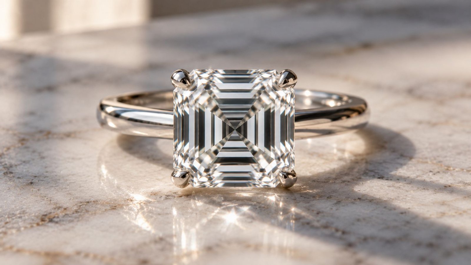 Asscher cut lab-grown diamond ring styled in natural daylight