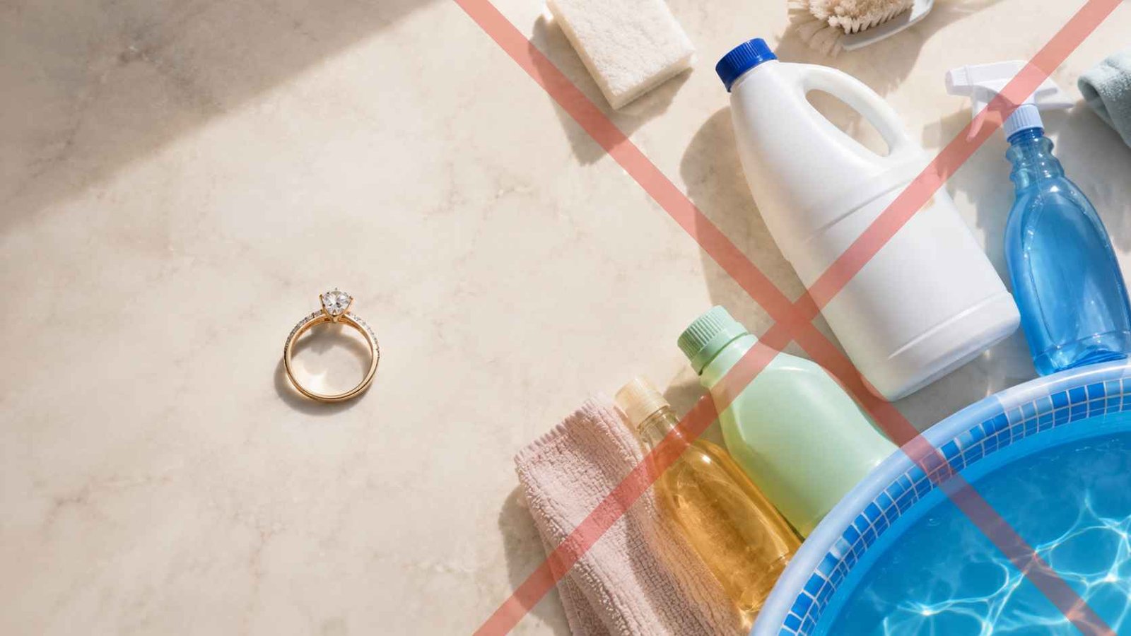 Items to avoid when caring for diamond jewellery including chlorine and abrasive cleaners