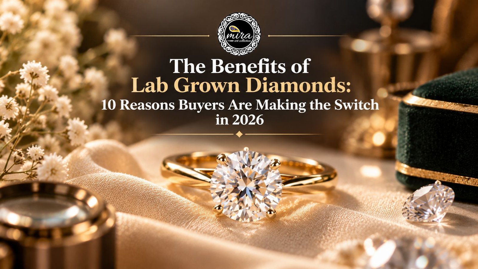 A brilliant round lab-grown diamond solitaire ring resting on champagne satin beside a loose diamond and a dark green jewellery box, featured in Mira Art Collection’s guide to the benefits of lab-grown diamonds in 2026.