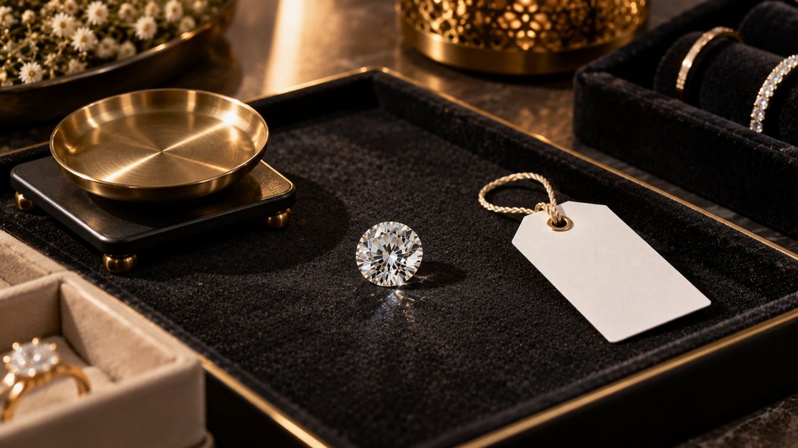BIS lab grown diamond regulation in India shown through a diamond on a retail tray with a blank labelling tag