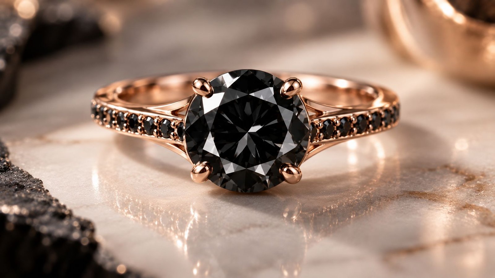 Black Lab Grown Diamond set in rose gold engagement ring