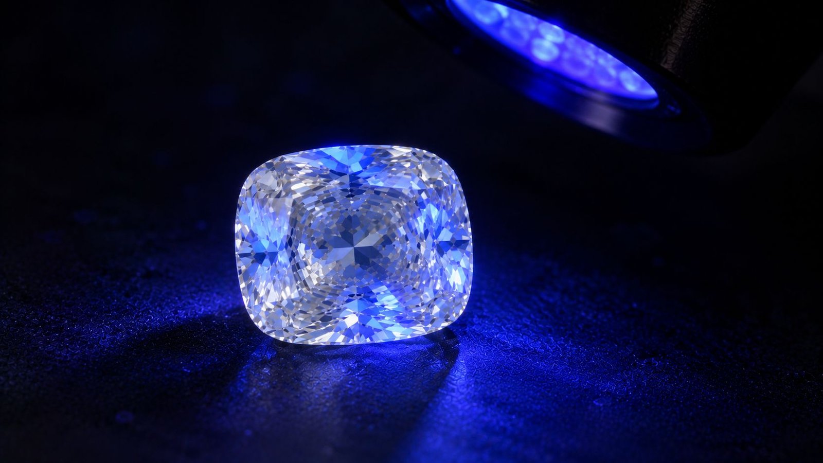 Close-up of blue fluorescence reaction in a diamond under UV light