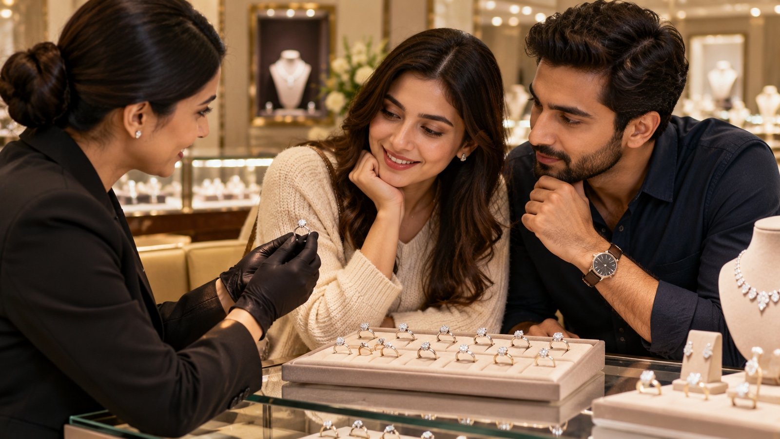 Couple choosing a diamond ring thoughtfully and with clear intention
