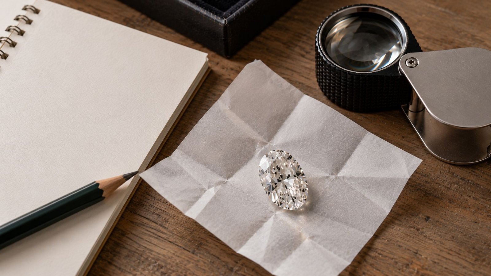 Oval loose diamond, loupe and blank notebook for tips on buying wholesale lab grown diamonds from miraartcollection.