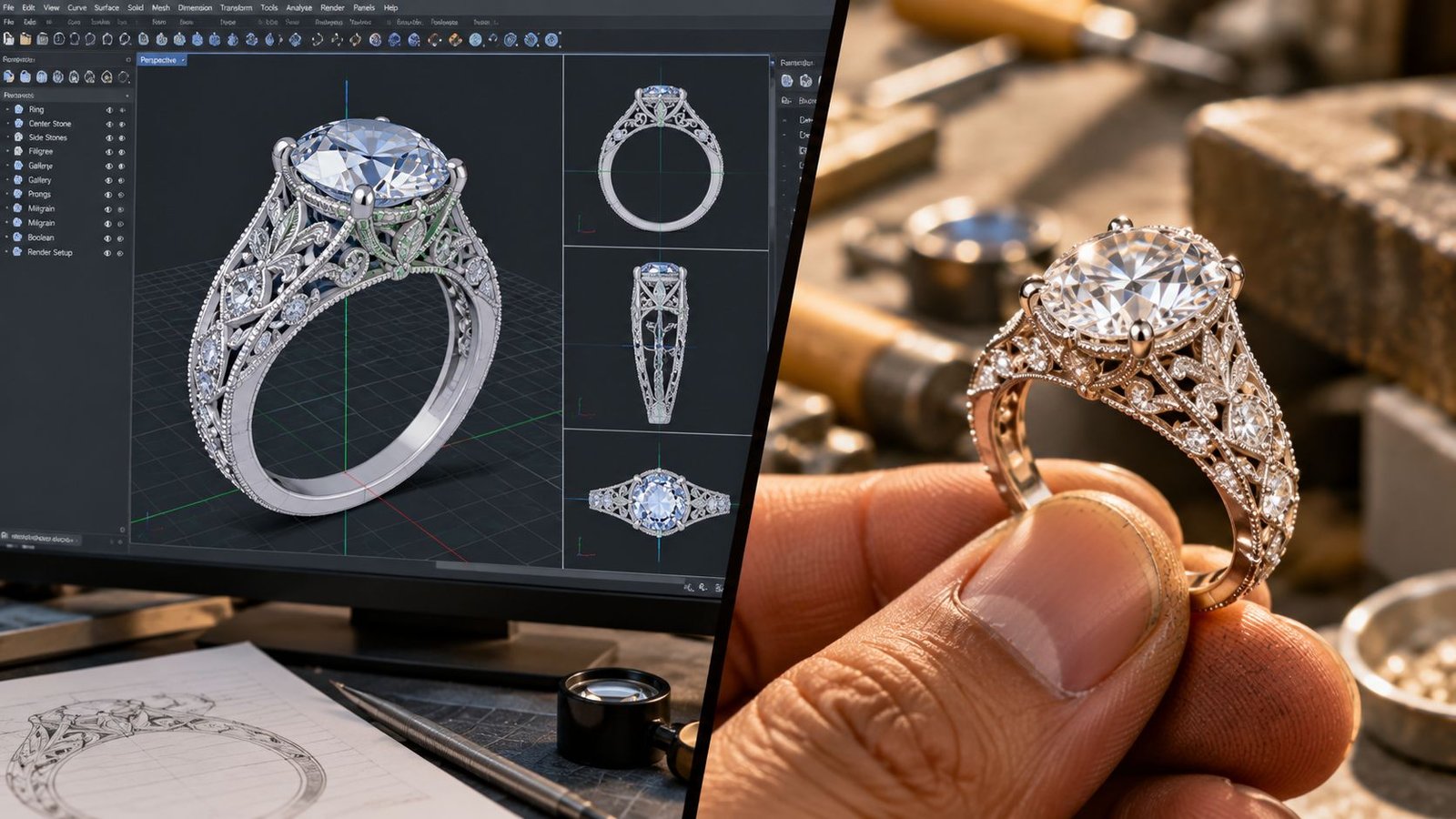 CAD design of a filigree ring beside the finished cast piece
