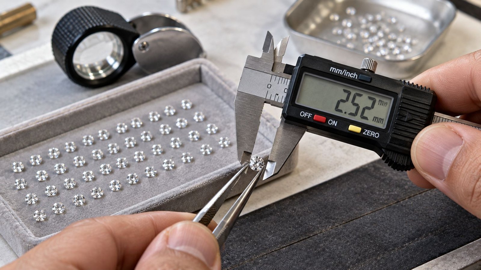 Jeweller measuring a small round diamond with a digital caliper