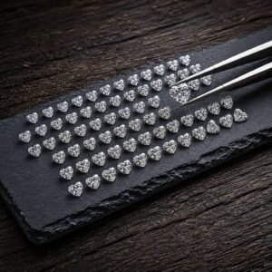 Calibrated heart cut melee diamonds organized symmetrically in multiple rows on a black display stone.Image