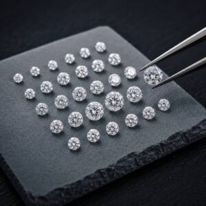 Assorted round brilliant loose lab grown diamonds on a black slate surface with tweezers showcasing a high-quality certified diamond.