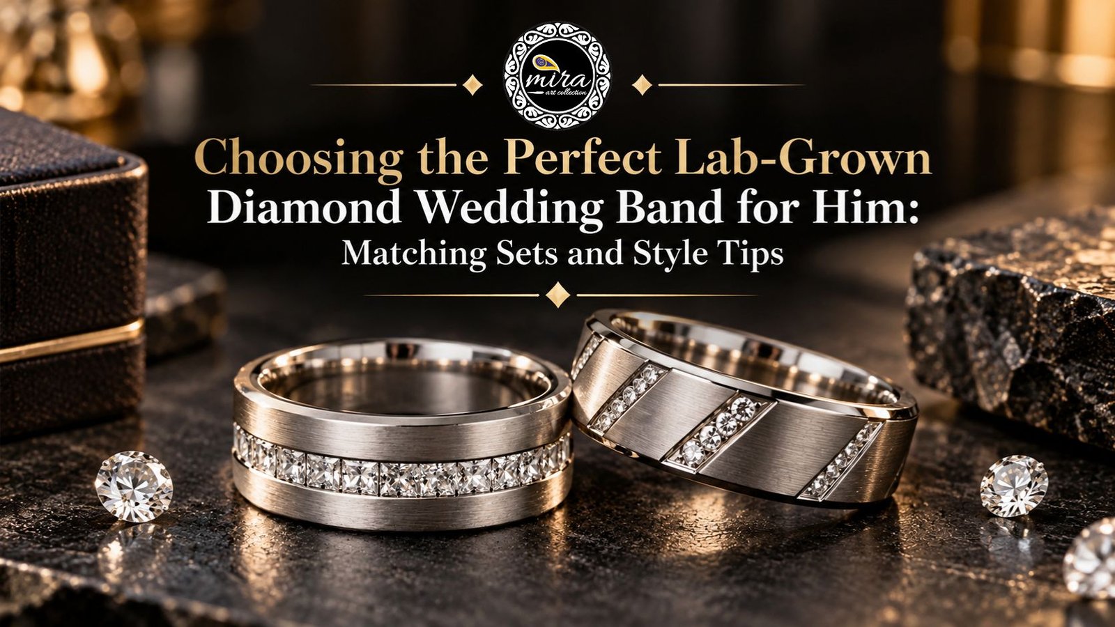 Mira Art Collection (miraartcollection) feature image showing two men's lab-grown diamond wedding bands in brushed metal with contrasting diamond settings, displayed on a dark textured surface with loose diamonds and elegant gold lighting.