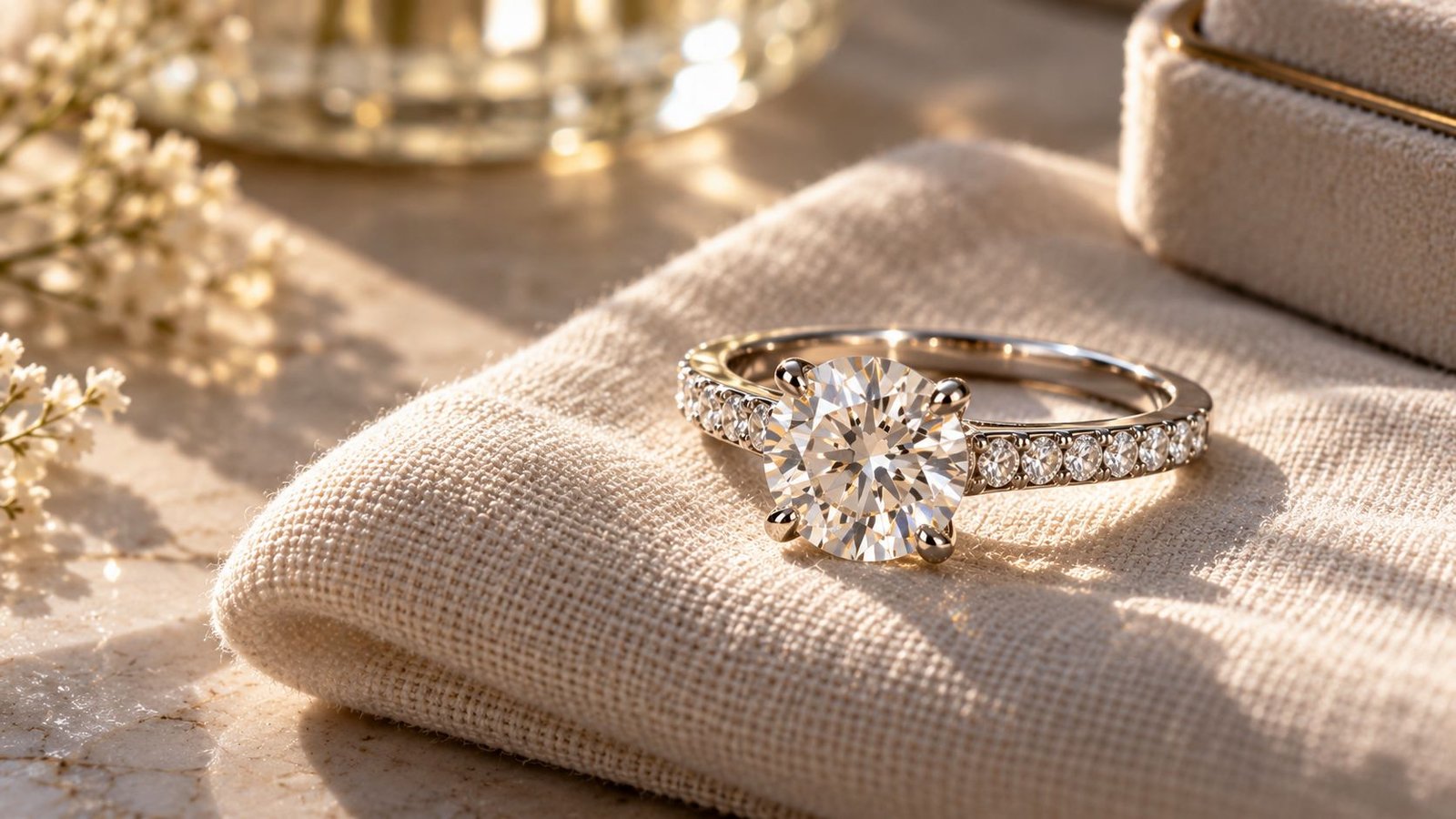 Freshly cleaned diamond ring styled in natural daylight