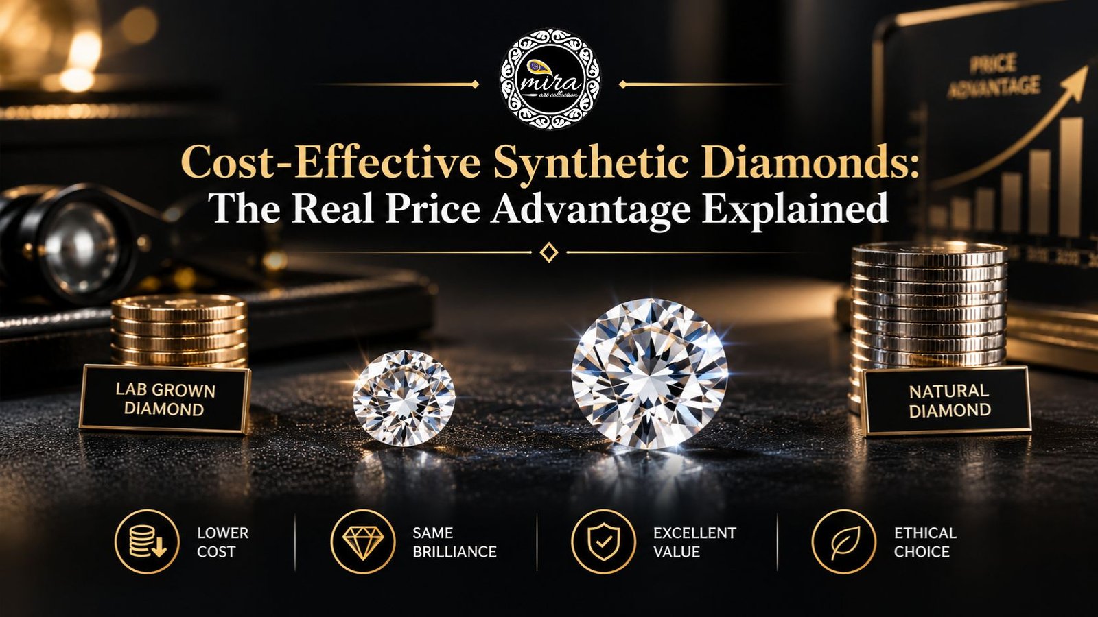Two sparkling diamonds representing lab-grown and natural diamonds displayed on a dark luxury surface with gold coin stacks and a price comparison chart, illustrating the real cost advantage of synthetic diamonds in Mira Art Collection.