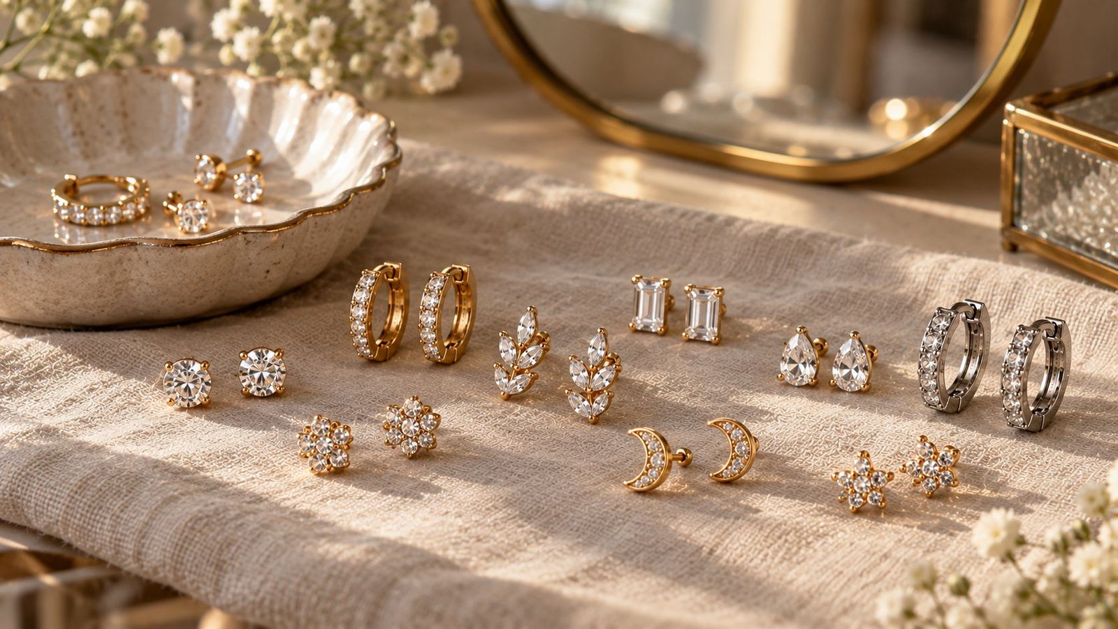 Styled flat-lay of curated lab-grown diamond earrings ready to wear