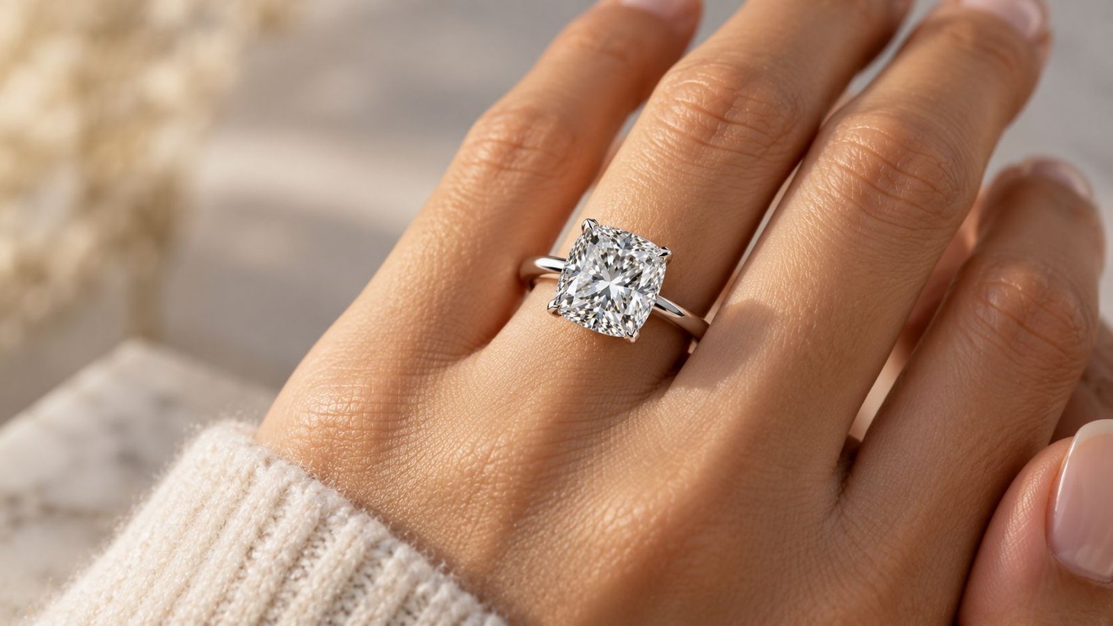 Cushion cut diamond ring styled on the hand