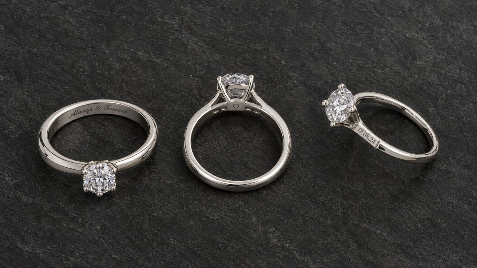 Custom diamond engraving placement options shown across ring band, gallery, and shoulder