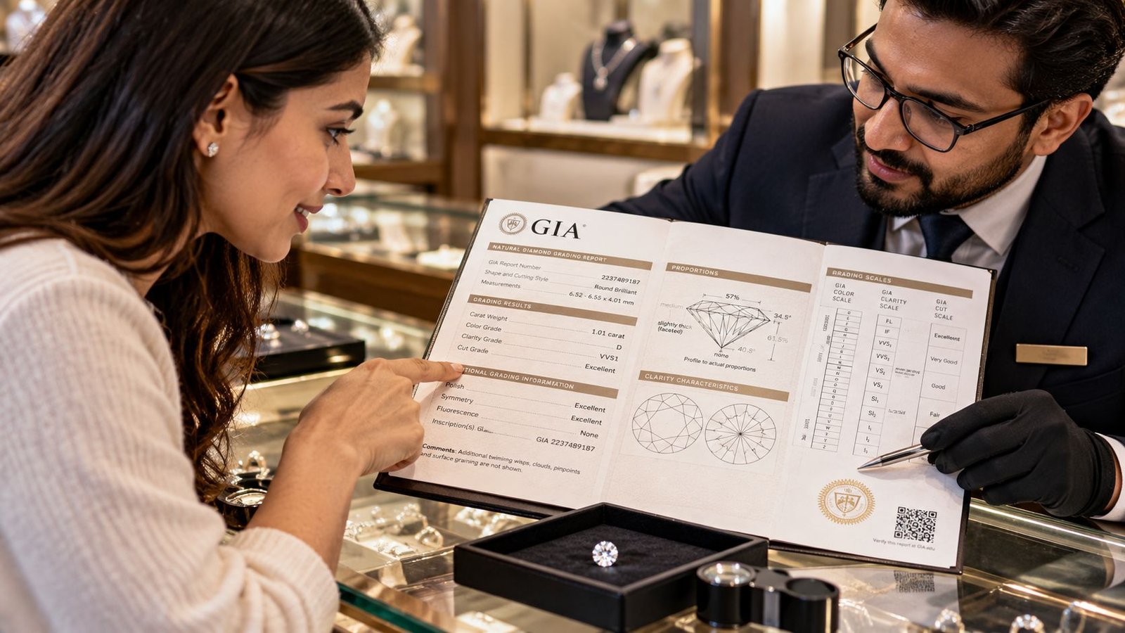 Customer reviewing certification details to prioritize quality over carat size