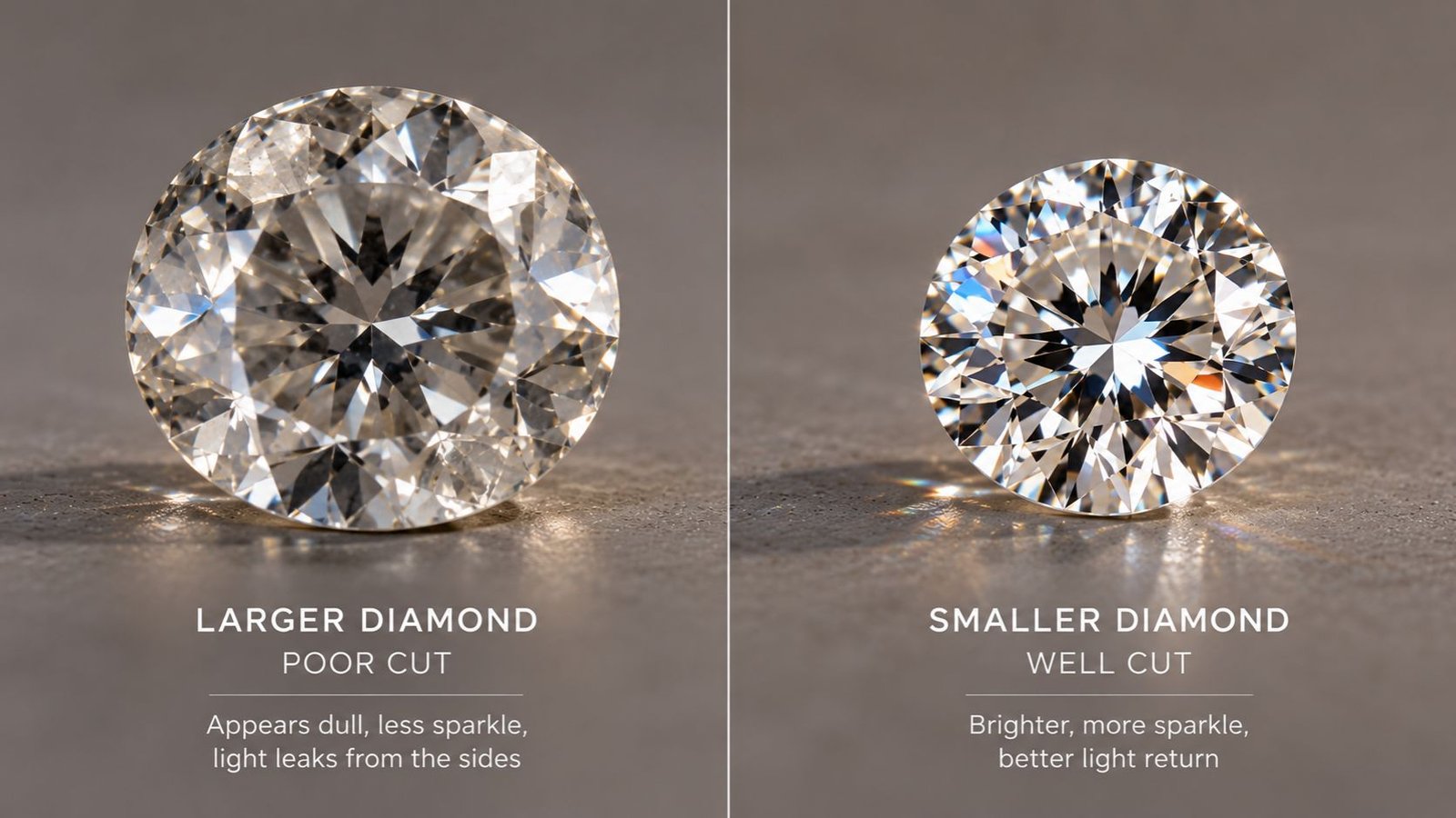 Comparing a poorly cut large diamond to a well-cut smaller diamond