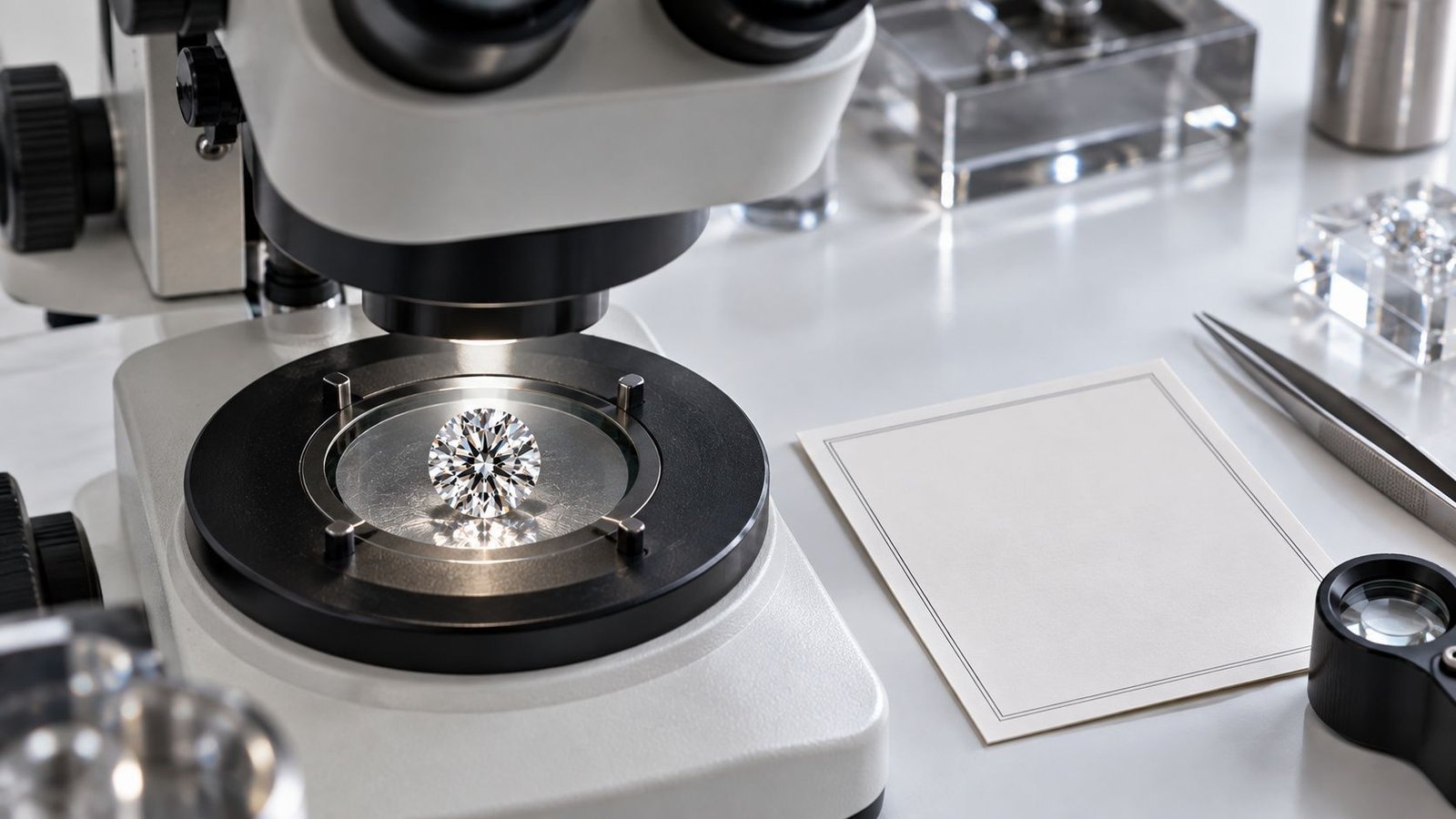 Diamond under a gemmological microscope showing how labs identify CVD vs HPHT growth methods