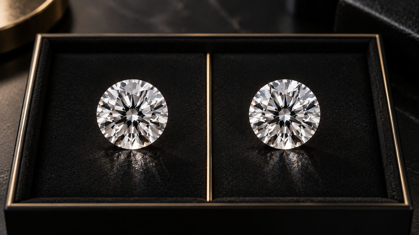 Two matching lab grown diamonds side by side for a CVD vs HPHT comparison