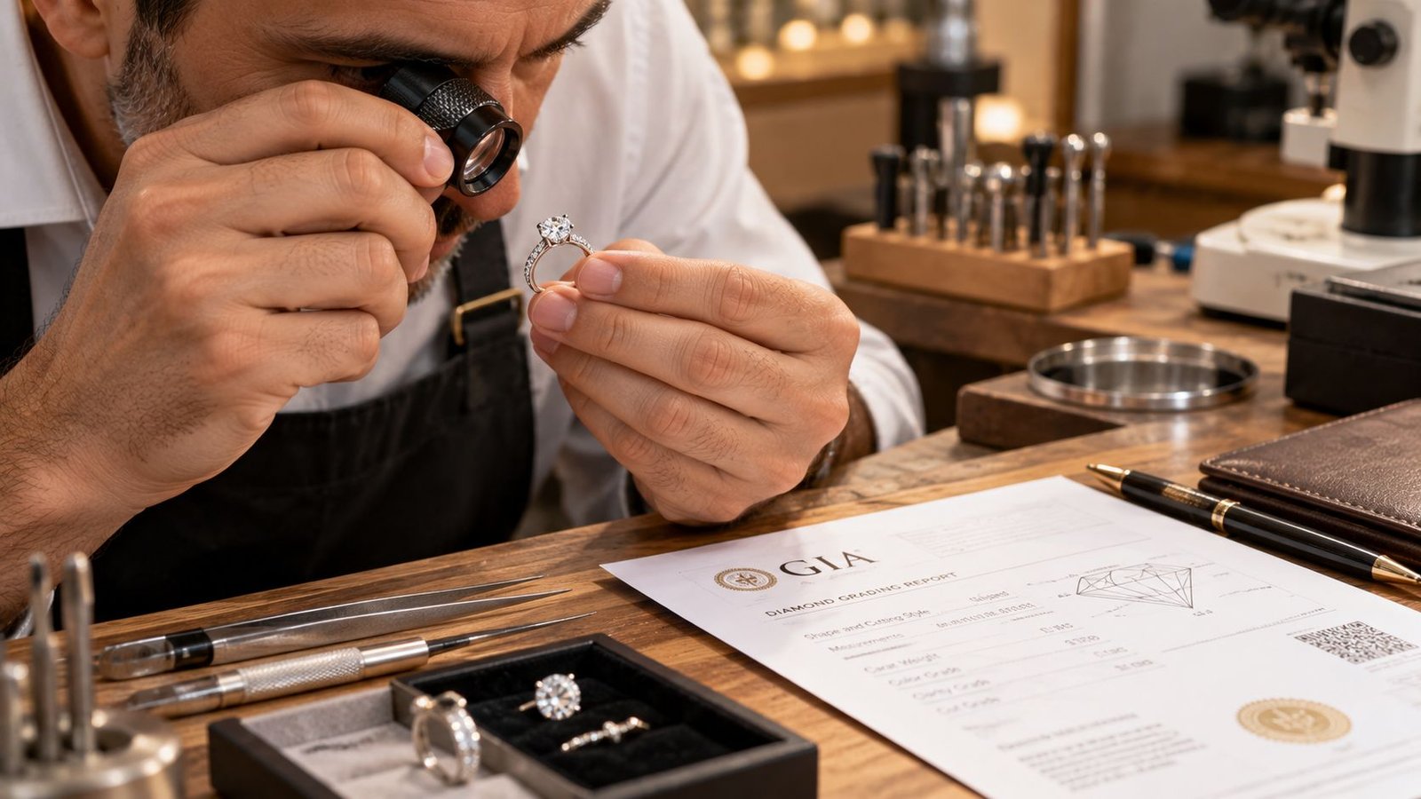 Jeweler appraising a diamond ring with a loupe for an independent valuation
