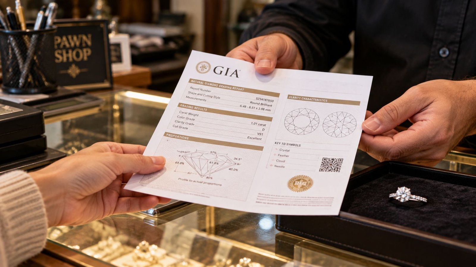 Diamond certification presented to improve a pawn shop offer