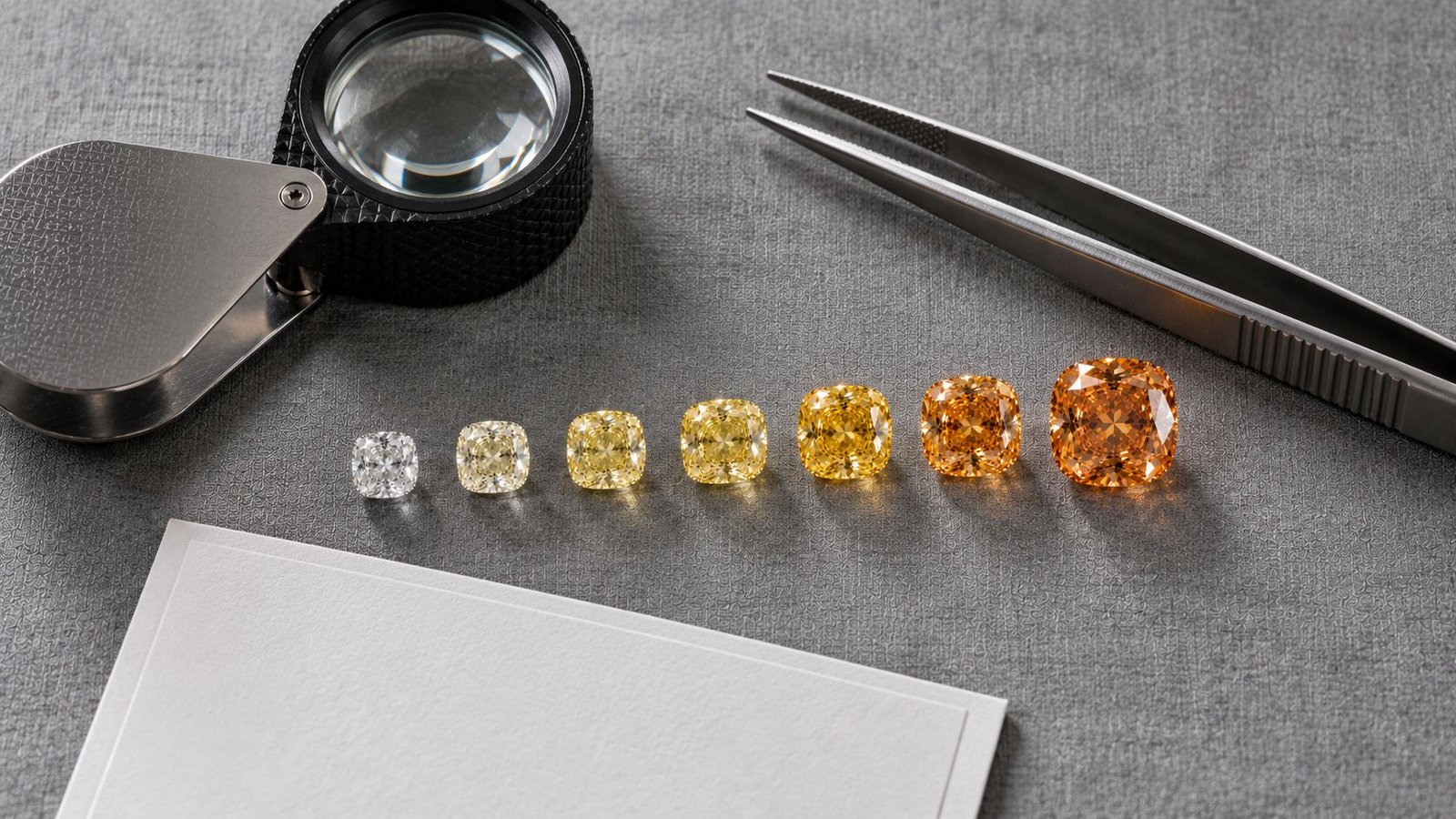 Loupe and loose diamonds arranged to illustrate the clarity scale used for fancy colour diamond clarity grading