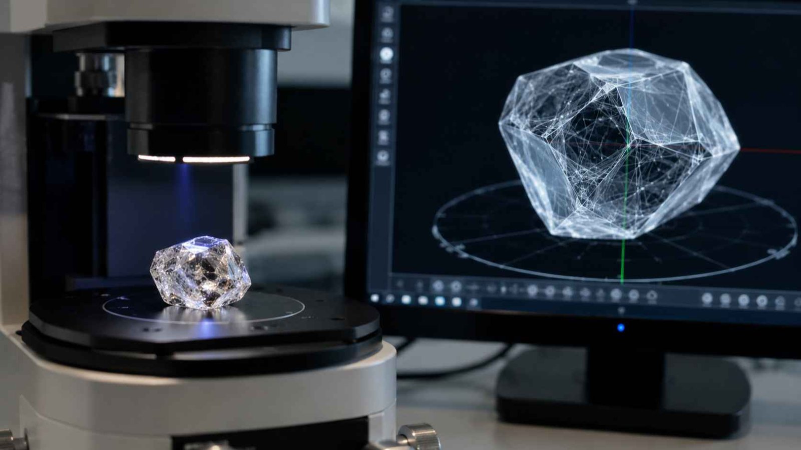 Rough diamond crystal being scanned for cutting and planning optimization