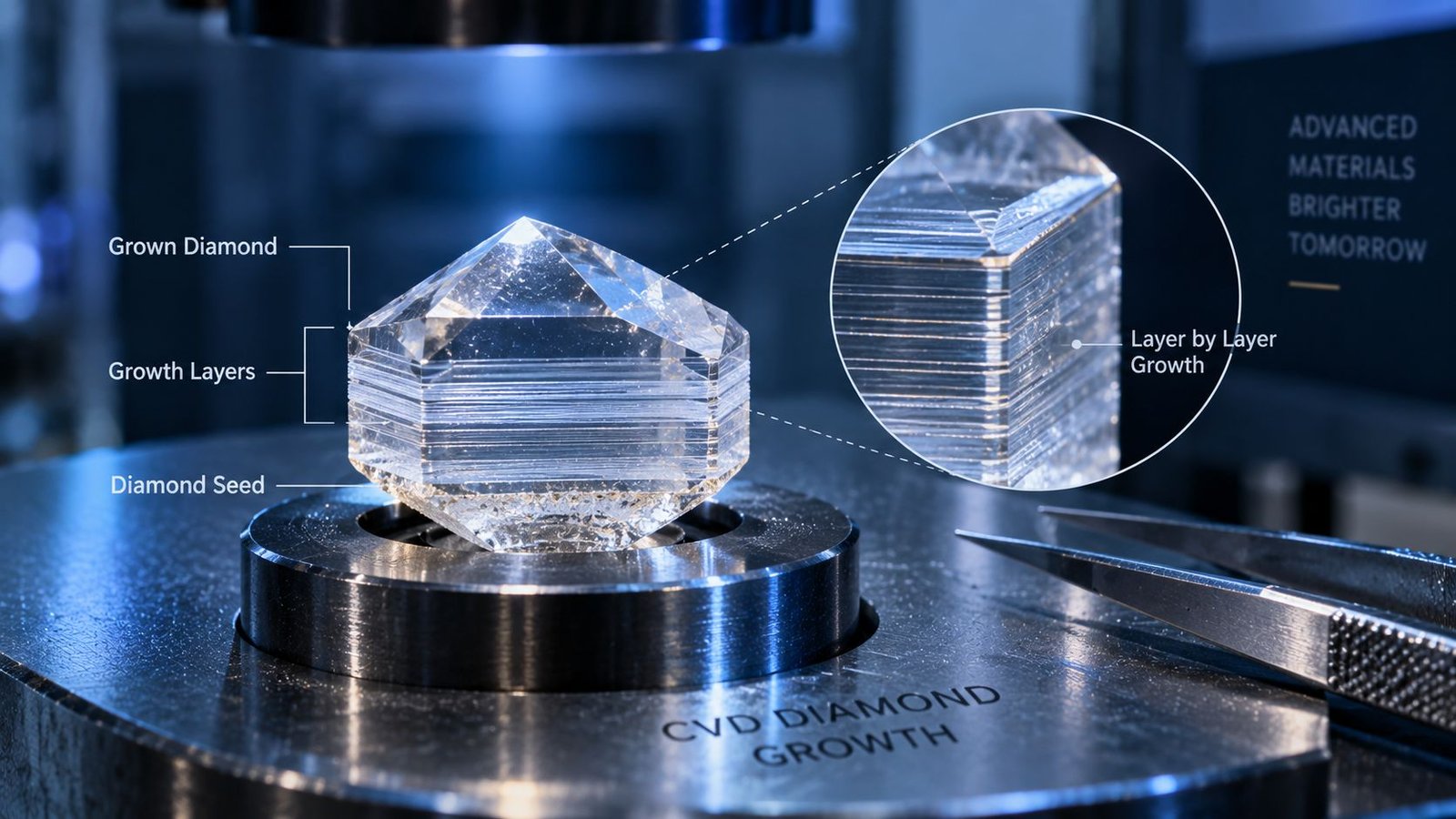 Diamond crystal growing layer by layer over time