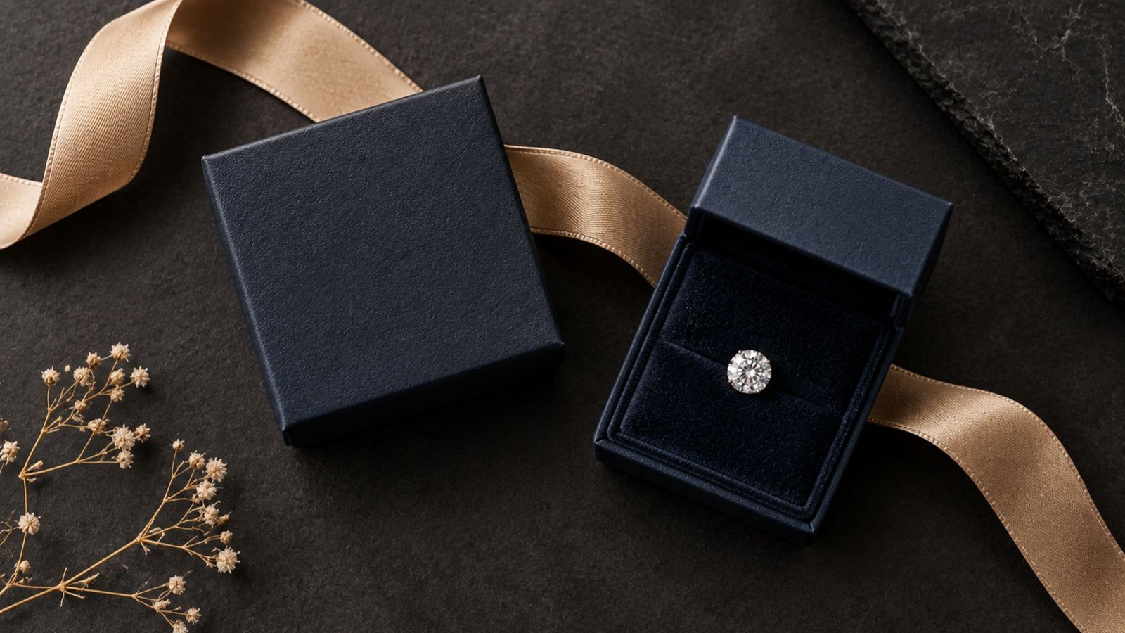 Diamond dropshipping business branded packaging with ribbon and lab grown diamond