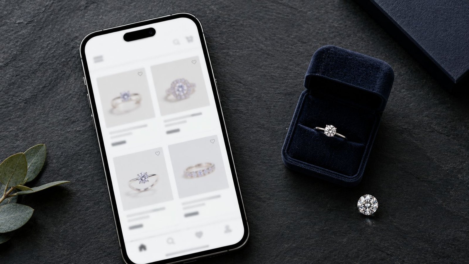 Diamond dropshipping business Instagram Shopping setup with phone and ring box