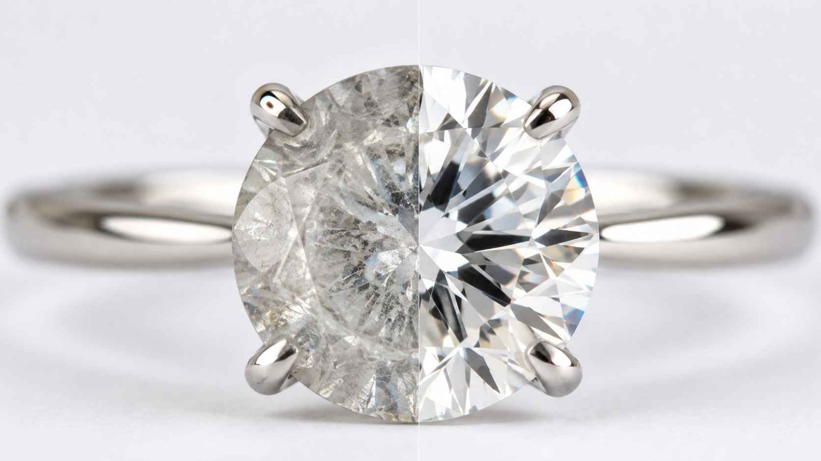 Before and after comparison showing a dull versus clean sparkling diamond