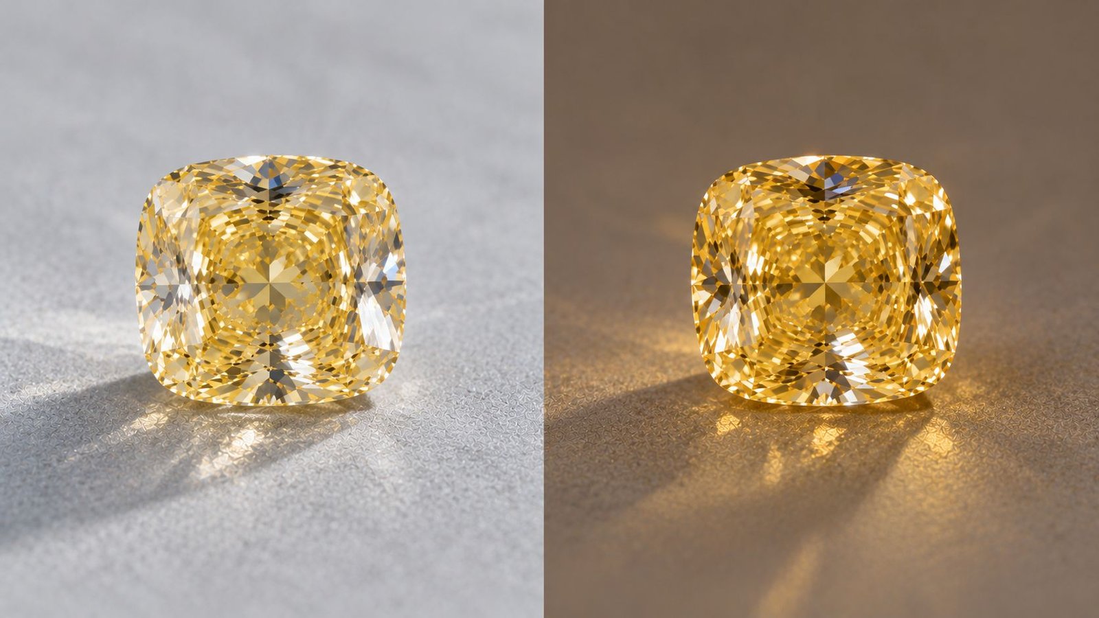 Diamond Fluorescence Colors compared under daylight and indoor lighting