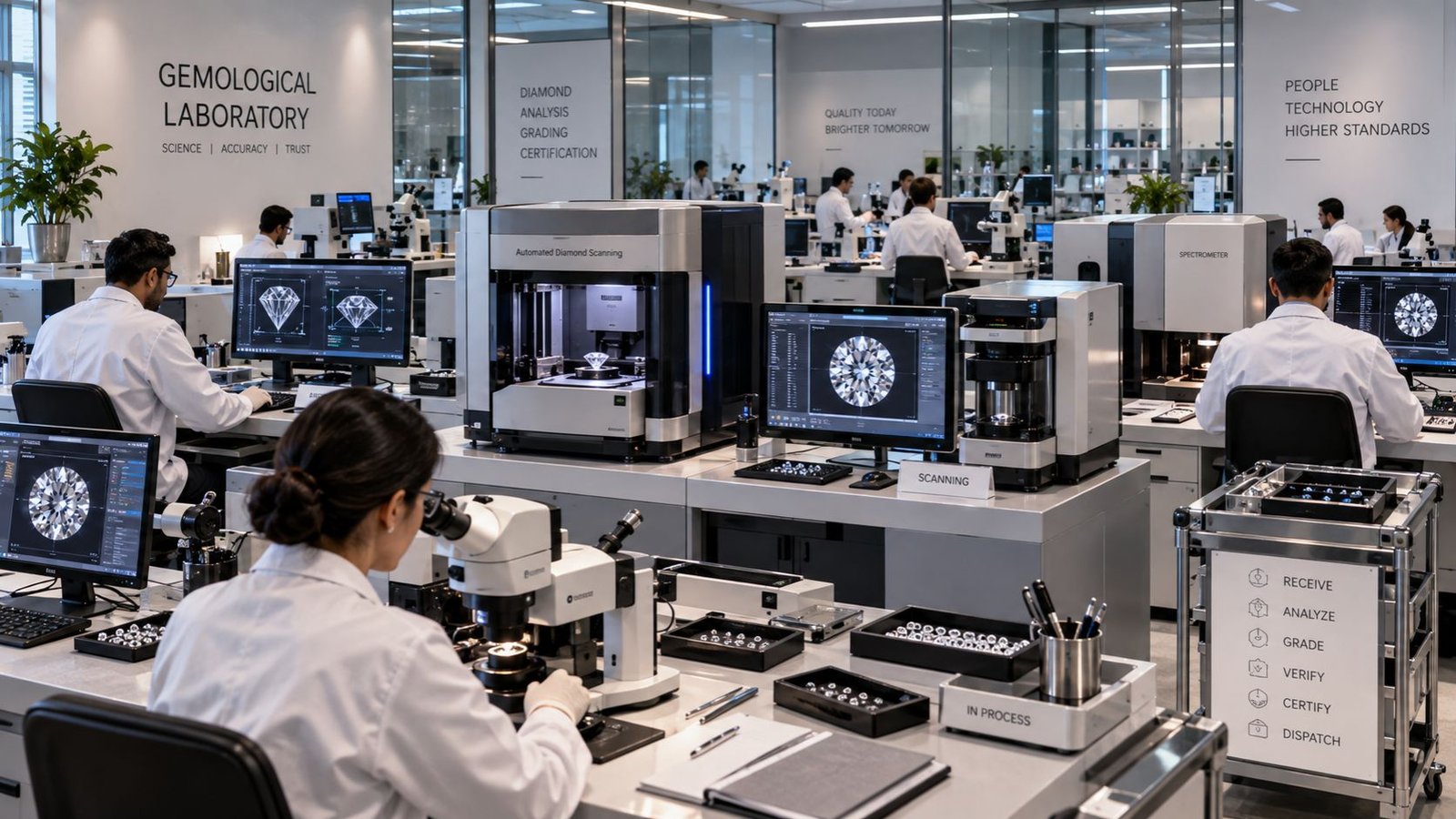 Gemological laboratory processing high volumes of diamonds with automation