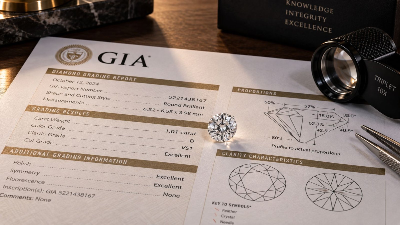 Diamond grading certificate showing carat, cut, color, and clarity details