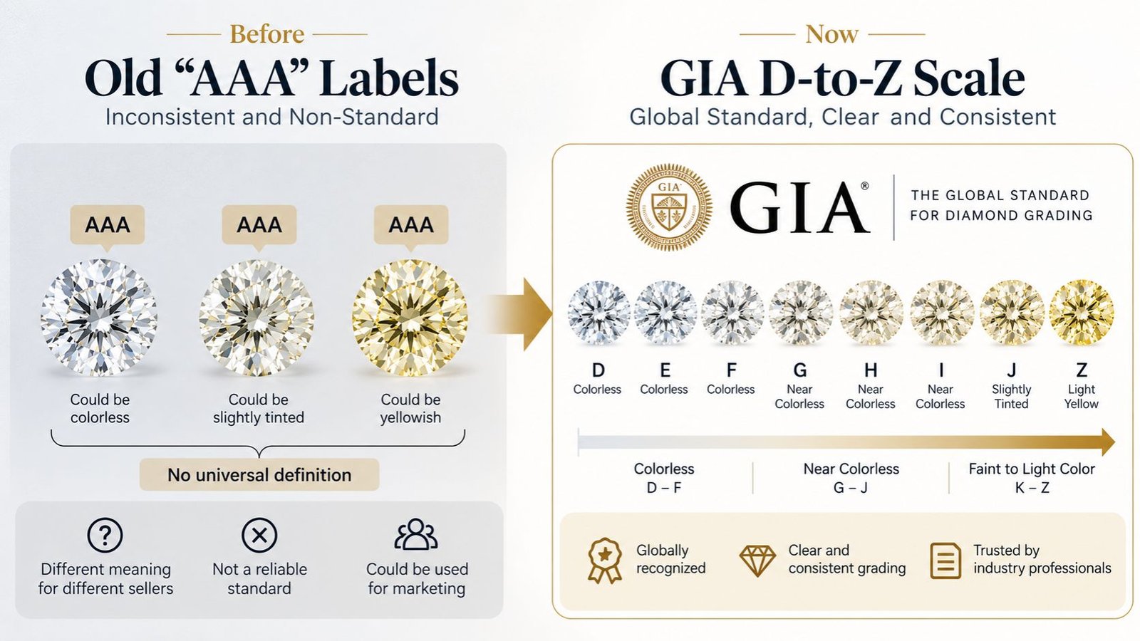History of diamond color grading from old labels to the D-to-Z scale