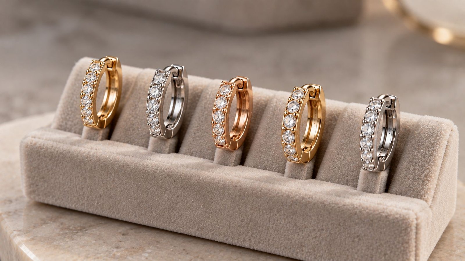 Diamond huggie hoops displayed on a jewelry stand in multiple metal tones