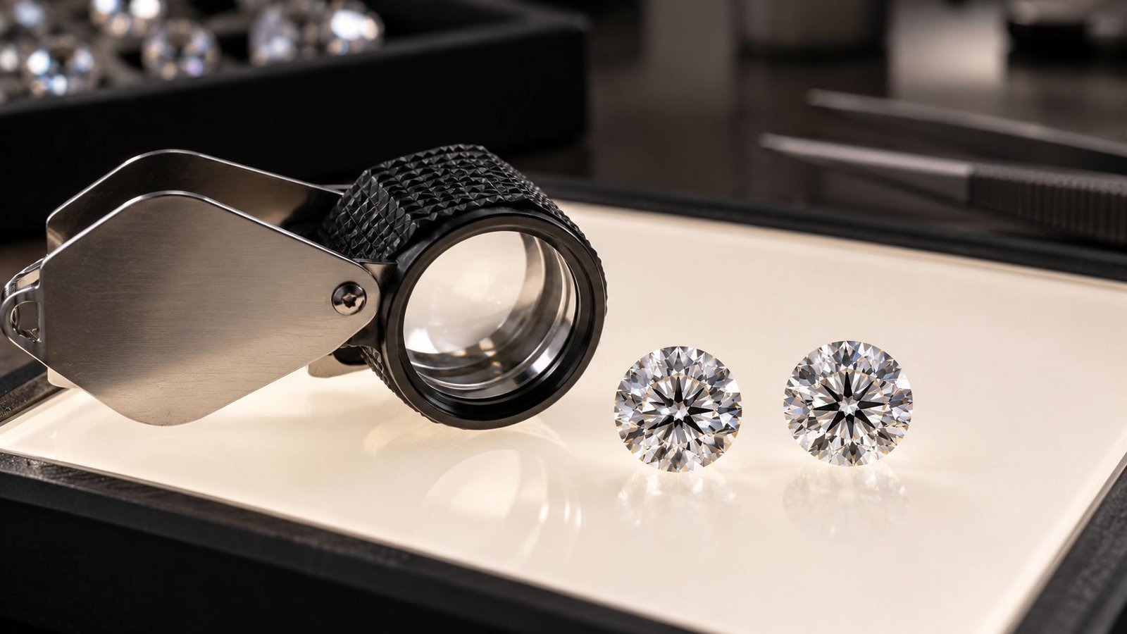 Comparing two loose diamonds with a jeweler's loupe to confirm a visual match