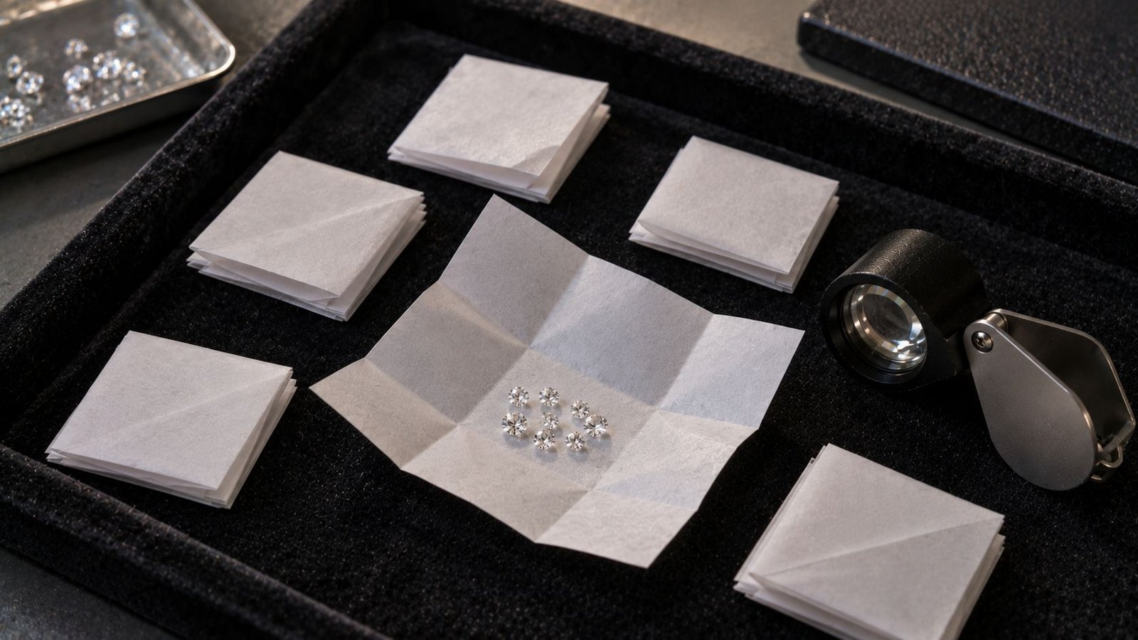 Diamond paper packets of small lab grown stones for screening, from miraartcollection.