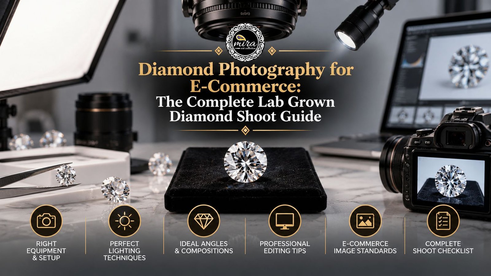 Lab-grown diamond photography setup featuring a professional camera, studio lighting, loose diamonds, a black display platform, and a monitor showing a diamond image, with the Mira Art Collection logo and gold icons highlighting lighting, composition, editing, and e-commerce image standards, by miraartcollection.